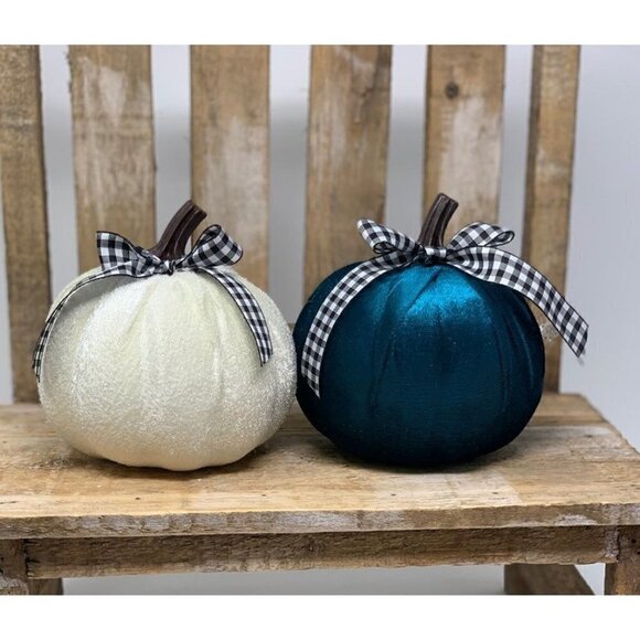 Autumn Velvet Pumpkin Set 4.5 Inch Holiday Decor Fall Centerpiece Decor Blue - Picture 1 of 5